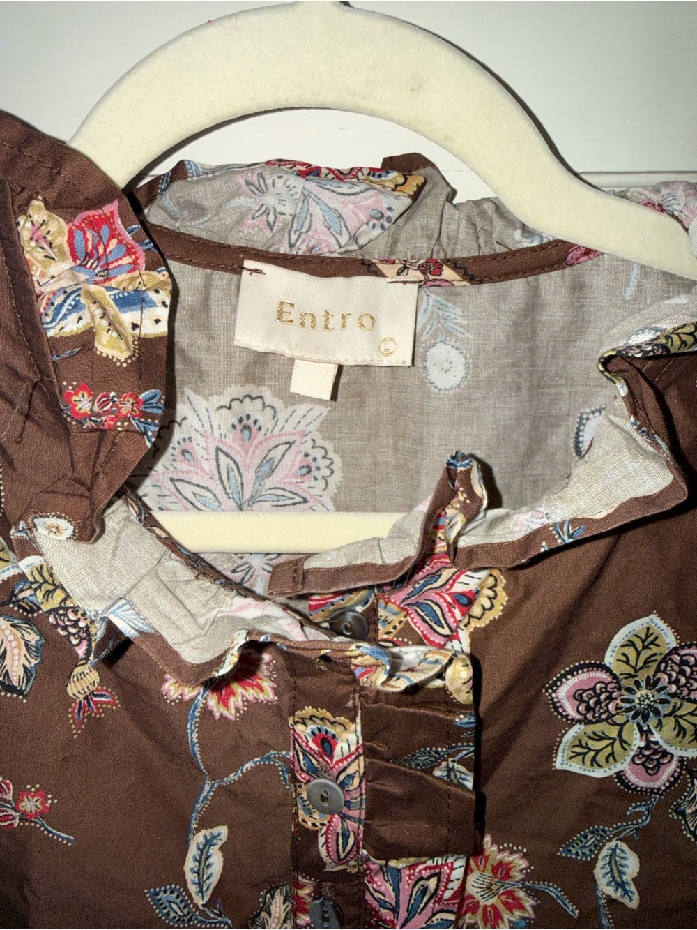 Entro Brown Floral Ruffle-Trim Peasant Blouse size large - Picture 3 of 9